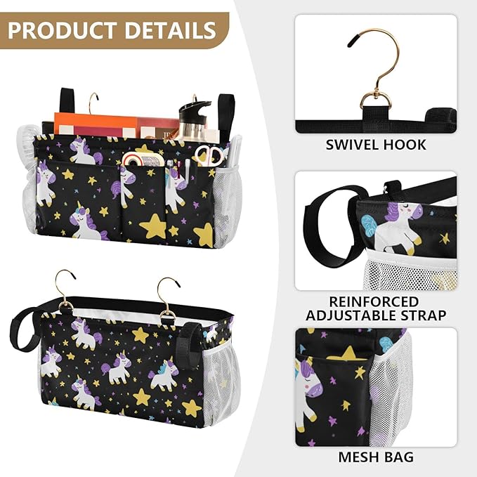 Bedside Caddy Hanging Bunk Bed Caddy Bed Organizer Hanging Pocket with 2 Hooks Bedside Storage Organizer Pocket Bag Holder Cute Unicorns Hearts Black