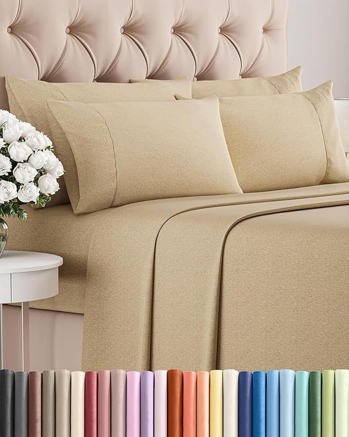 Cal King 6 Piece Sheet Set - Cooling & Breathable - Hotel Luxury Bedding, Includes Fitted Sheet for Women, Men, Kids & Teens - 1 Flat, 1 Fitted Sheet, 4 Pillowcases w/Deep Pockets - Heathered Tan