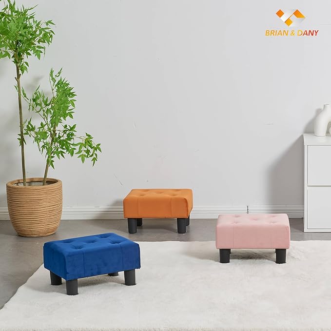 BRIAN & DANY Small Foot Stool, Velvet Foot Stools with Legs, Stable Small Footstool for Living Room, Orange
