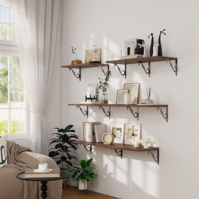Dreamland Deep Floating Shelves, 16" W x 12" D Wall Shelves Set of 2, Wide Display Shelf Wall Mounted with Brackets, Bookshelf for Living Room, Bathroom, Bedroom, Walnut