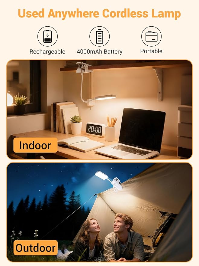 Clip on Lamp,9 Brightness+5 Color Clamp Light,4000mAh Battery Rechargeable Desk Lamp with Clamp,450 Lumen 48 LED Desk Light,Cordless Clip on Reading Lights for Bed/Headboard/Bedside Table
