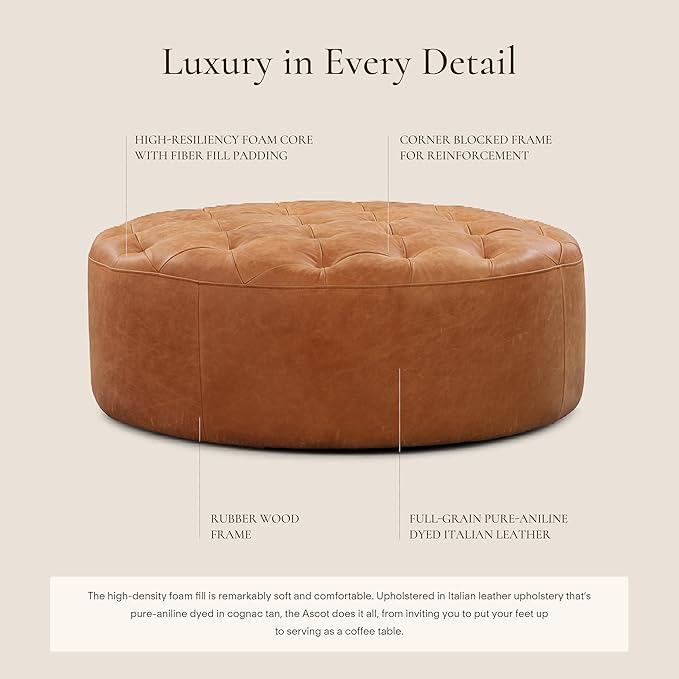 POLY & BARK Ascot Ottoman – 40" Round Pouf with Feather-Down Topper – Full-Grain Leather Upholstered Pouf Ottoman for Living Room – Vintage Italian Leather in Cognac Tan