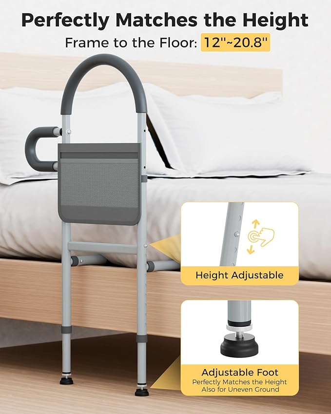JivaJot Bed Rails for Elderly Adults Safety, Bedrails for Elderly Adults Grab Bar Bed Handrails, Cane for Seniors with Non-Slip Ergonomic Handle and Storage Pocket, Fit Twin, Full, Queen, King