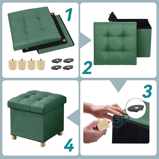 BRIAN & DANY Ottoman with Storage, Small Storage Ottoman for Dorm, Linen Folding Ottoman Foot Stool with Legs for Living Room and Bedroom, 15"x15"x15" - Dark Green