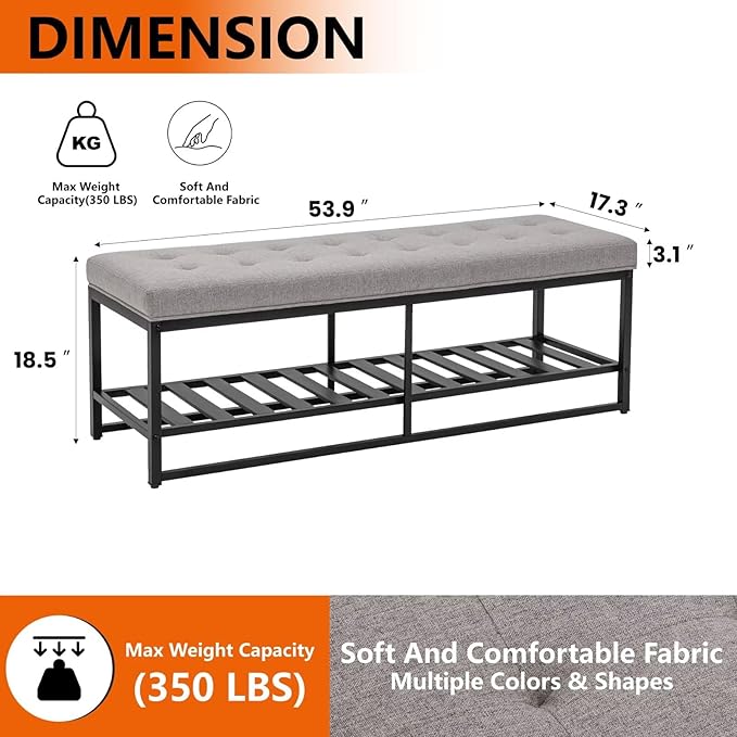 Storage Ottoman Bench with Upholstered Tufted Linen Fabric, Large End of Bed Bench with Iron Frame Rectangular Foot Stool for Living Room, Bedroom, Entryway Gray