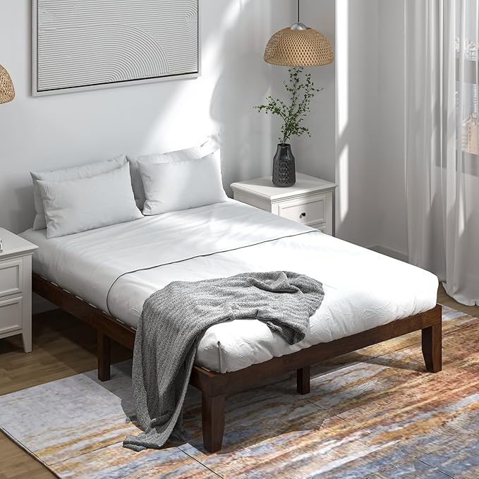 Giantex 14 Inch Queen Wood Platform Bed Frame, Minimalist Style Mattress Foundation with Solid Rubber Wood, Heavy Duty Slat Support, Without Headboard, Easy Assembly, No Box Spring Needed, Walnut