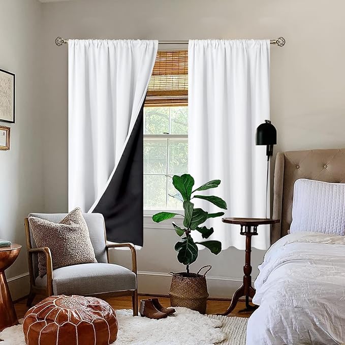 BGment Thermal Insulated 100% Blackout Curtains for Bedroom with Black Liner, Double Layer Full Room Darkening Noise Reducing Rod Pocket Curtain (42 x 63 Inch, Pure White, 2 Panels)