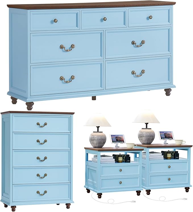 24" Wide Farmhouse Nightstand with Charging Station Set of 2, 54" 7 Drawers Dresser, 45" Tall Rustic Chests of 5 Drawers, Farmhouse Furniture Series for Bedroom,LightBlue