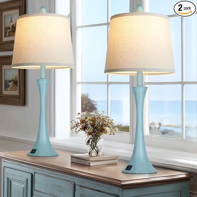Riweey Blue Metal Table Lamp Set of 2 with USB C+A Ports, Bedside Lamp, Modern Bedroom Lamps, Coastal Lamp for Night Stands Bedroom Living Room,Nightstand Lamp LED Bulbs Included