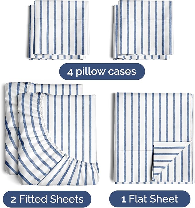 Split King 7 Piece Sheet Set - Cooling & Breathable - Hotel Luxury Bedding Includes Fitted Sheets for Women, Men, Kids & Teens - 1 Flat, 2 Fitted Sheets, 4 Pillowcases w/Deep Pockets - Blue Stripes