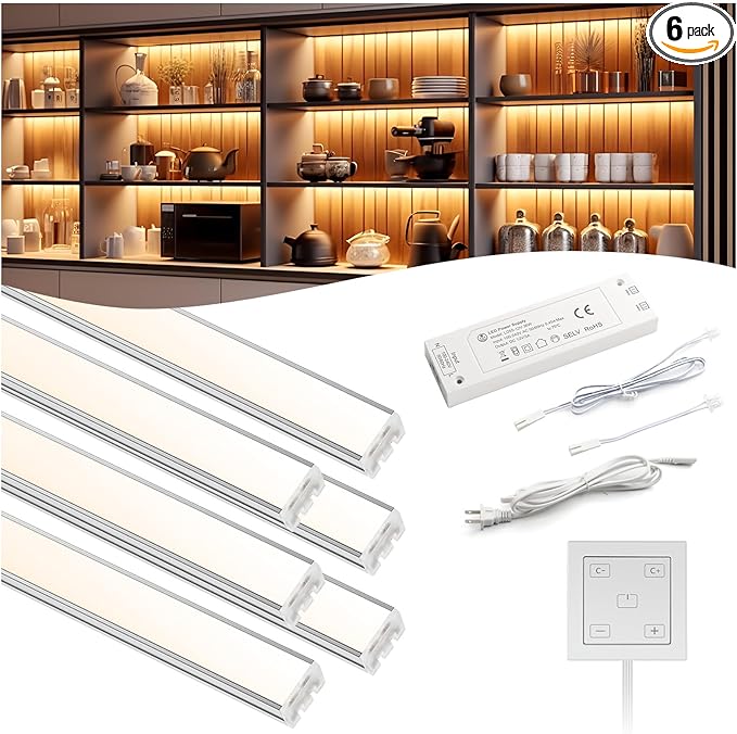 VST Under Cabinet Lighting, Work with Touch Switch – Solderless Linkable Gapless Under Counter Lights for Kitchen Liquor Cabinet Closets (6 Lights Bar Kit)