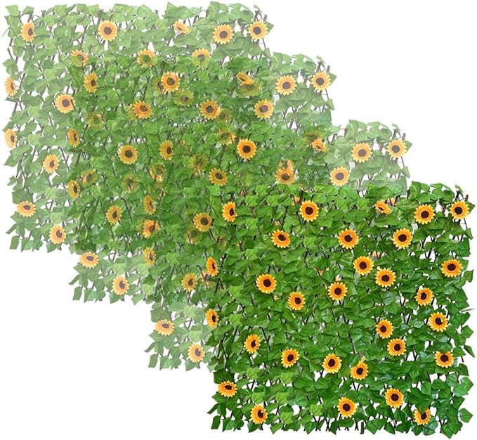 GLANT Expandable Fence Privacy Screen for Balcony Patio Outdoor,Decorative Faux Ivy Fencing Panel,Artificial Hedges (Single Sided Leaves) (4, Sunflowers)