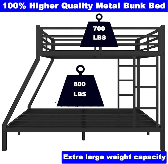 Upgraded Version Thicken Metal Heavy Duty Queen Over King Bunk Bed, Best Modern Style Stronger BunkBed Frame King Size with Ladders for Adults, Easy Assembly (Queen Over King)