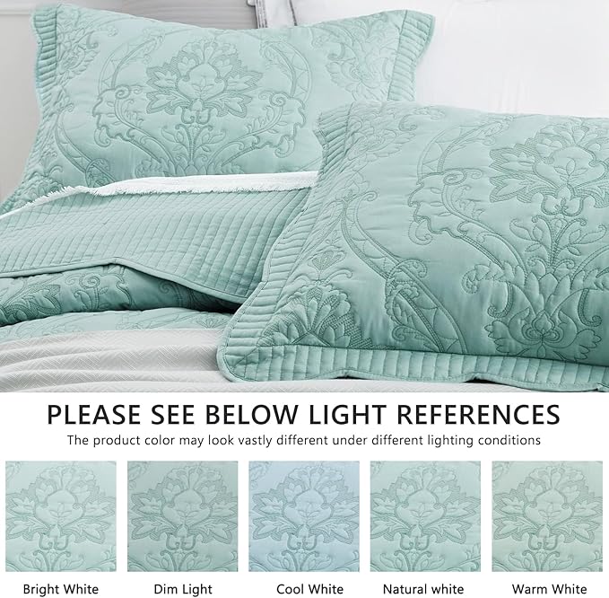 CHIXIN Oversized King Bedspread 128x120 Extra Wide - Lightweight Bedding Cover - Beautiful Stitching - 5 Piece Reversible Bedspread - Gorgeous Damask Paisley Pattern (King/Cal King, Seaglass)