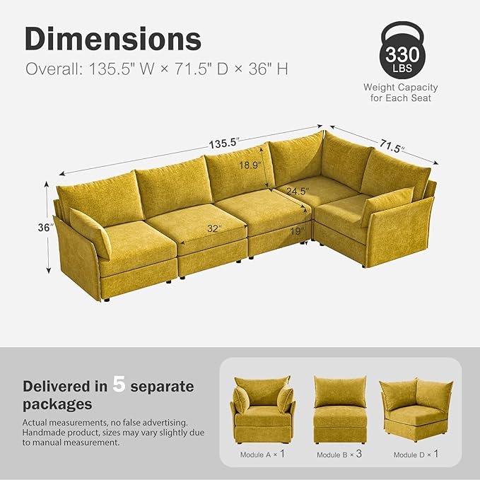 ABCASA 135.5" Oversized Modular Sectional Sofa, L Shaped Convertible Couch with Movable Ottoman, 5 Seat Corner Couches for Living Room Deep Seat Yellow Chenille