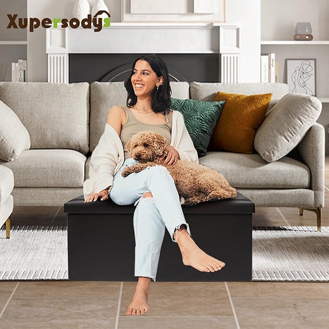 xupersodys 30 Inches Folding Storage Ottoman Bench, Faux Leather Footstool Ottoman, Storage Trunk Footrest for Bedroom, Living Room and Hallway, Support 350lbs, Black（Black line）