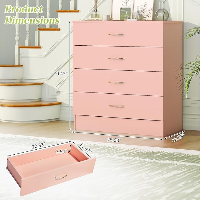 Karl home 4 Pink Drawer Dresser, Modern Chest of Drawers, Wood Bedside Table Night Table,Anti-Tipping Device, Rose Gold Metal Handle