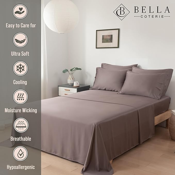 Bella Coterie 6 Piece Luxury Bamboo Viscose Split Top King Size Sheet Set | 34" Split for Adjustable Beds | 100% Organically Grown| Cooling | 18” Deep Pocket | 4 Pillowcases [Mocha]