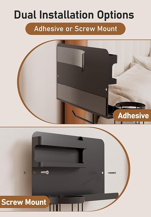 Bedside Wall Organizer Metal Shelf with Cup & Tissue Holder – Waterproof Wall Storage Rack for Dorm Room, Bathroom, Kitchen, and Office (White)