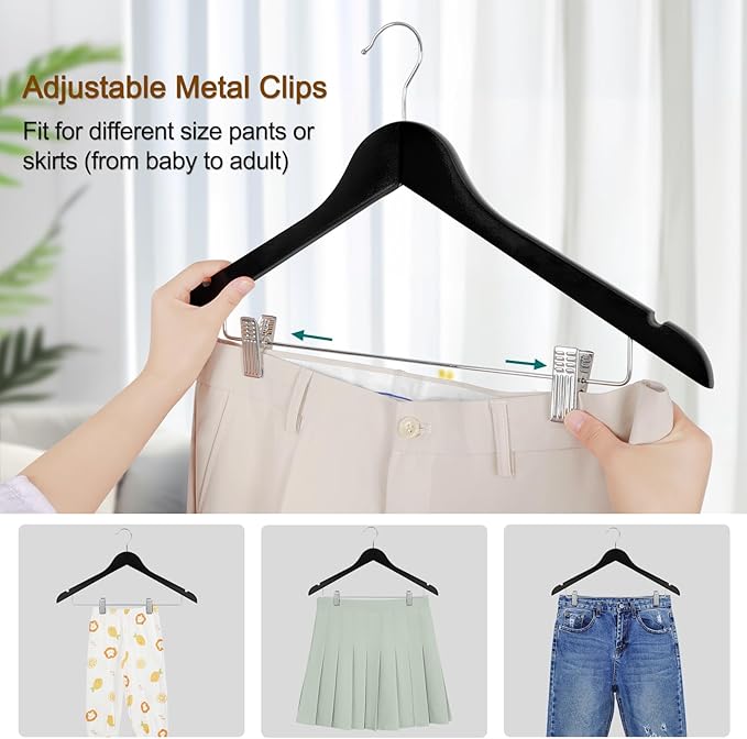 TOPIA HANGER Wooden Suit Hangers with Adjustable Metal Clips (20 Pack), Solid Wood Coat Hangers, 360° Swivel Hook, Premium Clothes Hangers for Jacket, Pant, Jeans, Blouse-Black, CT28B20