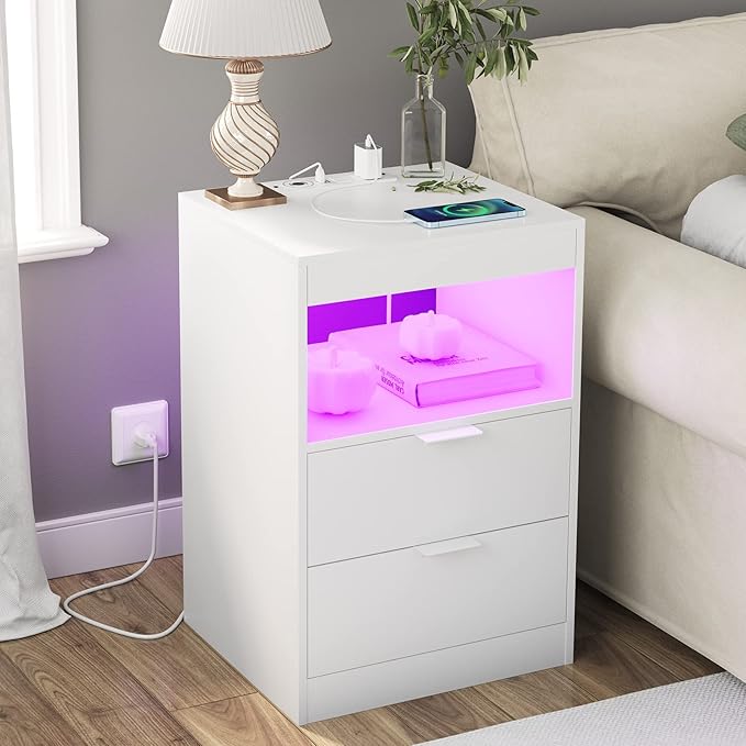 Tiptiper LED Nightstand with Wireless Charging Station, Bedside Table with LED Lights, End Table with 2 Drawers, 1 Pull-Out Tray and Open Storage, Modern Night Stand with USB Ports and Outlets, White