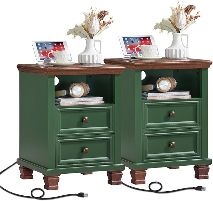 SAVOR LIFE Farmhouse Nightstand Set of 2 with Charging Station, Rustic Green Nightstand,2 Drawers End Table for Living Room,Bedside Table with Open Shelf for Bed Room,Green