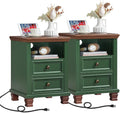 SAVOR LIFE Farmhouse Nightstand Set of 2 with Charging Station, Rustic Green Nightstand,2 Drawers End Table for Living Room,Bedside Table with Open Shelf for Bed Room,Green