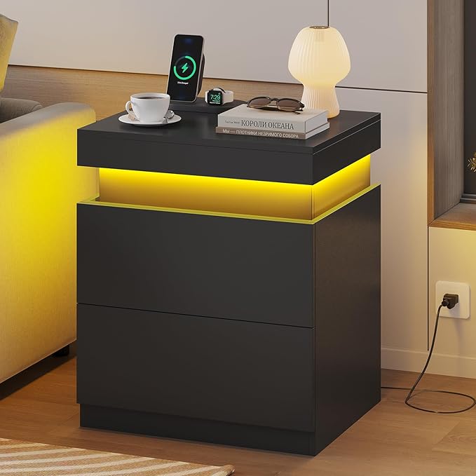 ADORNEVE Black Nightstand with Charging Station and LED Lights,Night Stand with Sliding Top,Bedside Table with Drawers,Modern End Side Table for Bedroom