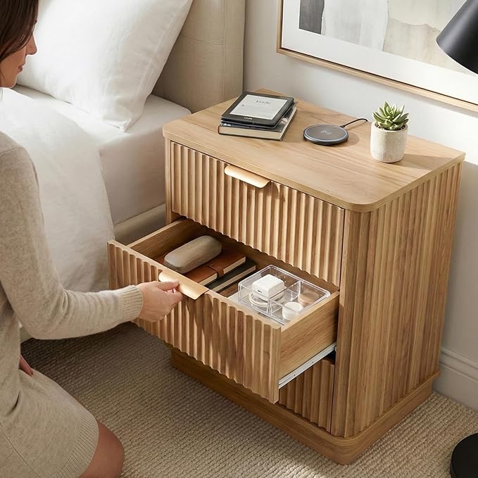 LYNCOHOME Fluted Night Stand Set of 2, Large 3 Drawer Nightand, Wood Bedside Table, Multifunctional Bed Side Table & End Table, Dresser for Bedroom, Living Room Closet, Natural