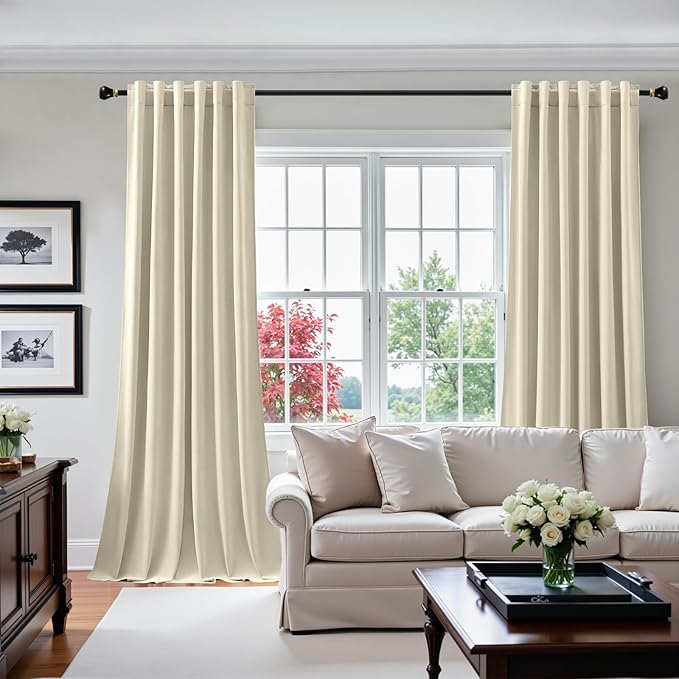 Velvet Curtains 102 Inches Long for Bedroom, Room Darkening Thermal Insulated Soundproof Curtain Solid Soft Elegant Window Drapes for Living Room, Back Tab Rod Pocket, Ivory, W52 x L102, 2 Panels