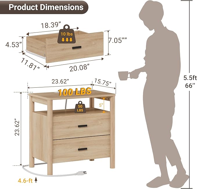 FavourLife Night Stand Set 2, 23" Wide Nightstands Set of 2, Large Nightstand with Charging Station, 2 Drawer Wooden End Table with Solid Round Post Legs, Modern Bedside Table for Bedroom, Natural Oak