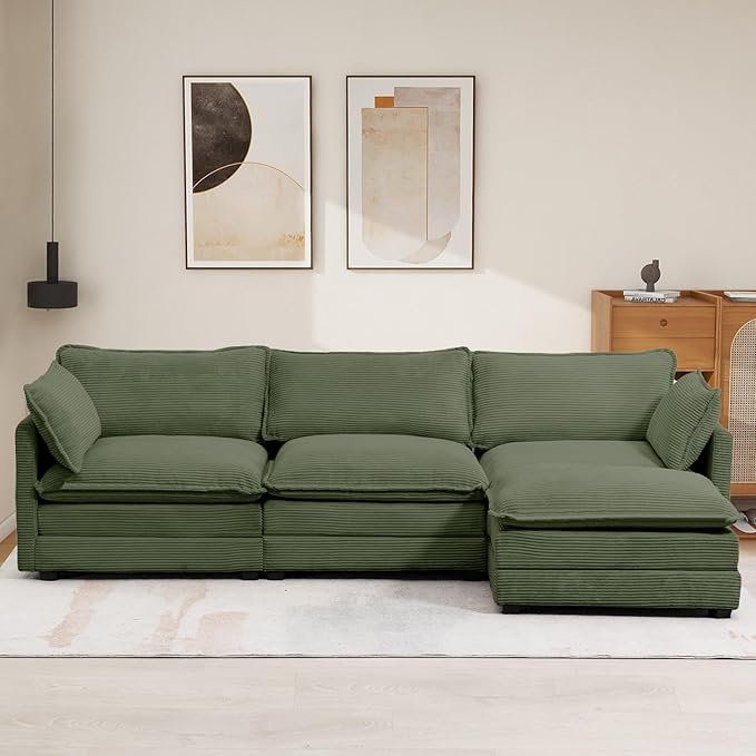 112'' Sectional Modular Cloud Couch, Oversized L Shaped 3 Seat Sofa with Movable Ottomans, 2 Throw Pillows, Upholstered Corduroy L Shape Comfy Deep Couches for Living Room and Office, Green