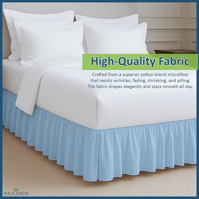 Rajlinen Ruffled Bed Skirt Full, 16 Inch Drop Dust Ruffle with Split Corners, 100% Microfiber Bedskirt with Platform, Three-Sided Coverage Ruffled Gathering Design, Light Blue
