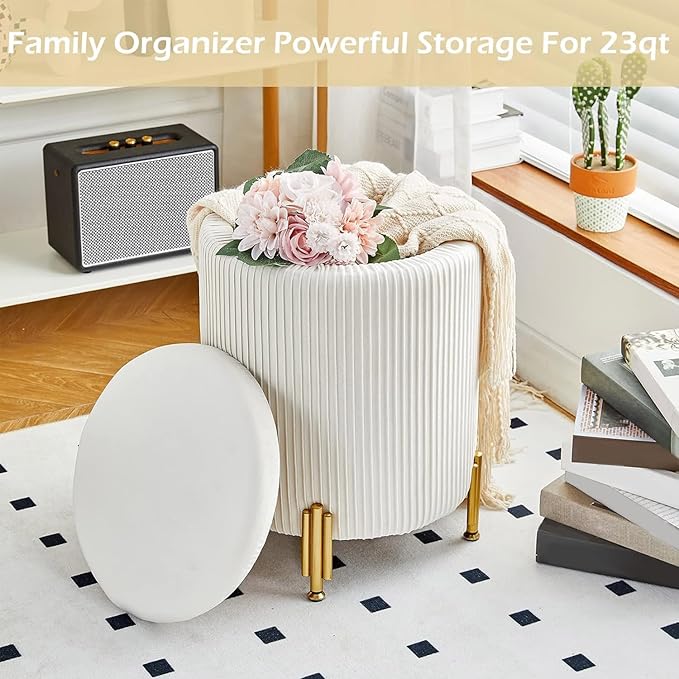 Mxfurhawa Round Ottoman Foot Stool with Storage and Metal Legs for Living Room Bedroom, Velvet Upholstered Footrest Stool Support 300lbs Modern Padded Seat Ottoman Coffee Table (Cream)