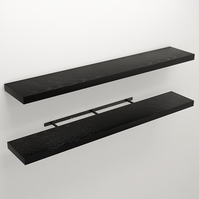 Floating Shelves for Wall, 9.3" Deep Wall Mounted Wood Shelves for Bathroom, Bedroom, Living Room, Kitchen, Hanging Shelf for Books/Storage/Room Decor (Black, 55")