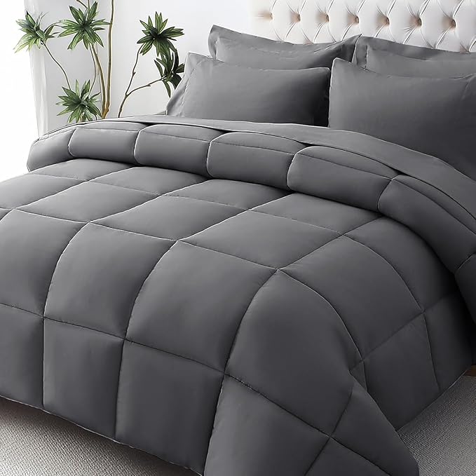 JOLLYVOGUE Queen Comforter Set, Ultra-Soft Bed in a Bag Queen Size 7 Pieces, Oeko-TEX Certified Bedding Set with Down Alternative Comforter, Sheets, Pillowcases & Shams, Dark Grey