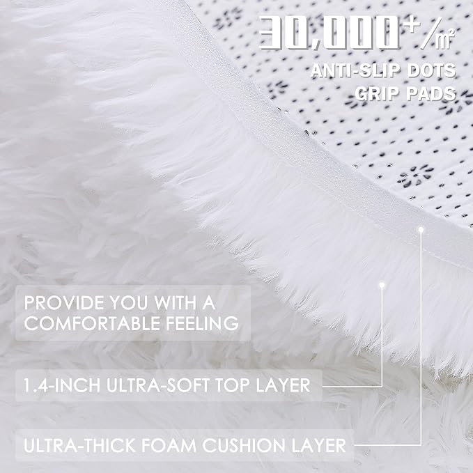 OLANLY White Round Rugs for Bedroom - Machine Washable, 9 ft Circle Area Rugs for Living Room, Soft and Fluffy Shaggy Carpet for Teen Girls and Boys, Nursery Rooms, Dorms, Home Decor Aesthetic