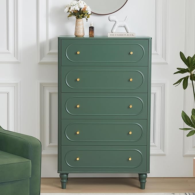 5 Drawer Fluted Dresser for Bedroom Set of 2, Mid Century Modern Chest of Drawers, Wood Storage Large Dresser Organizer for Bedroom Living Room Hallway Closet, Green