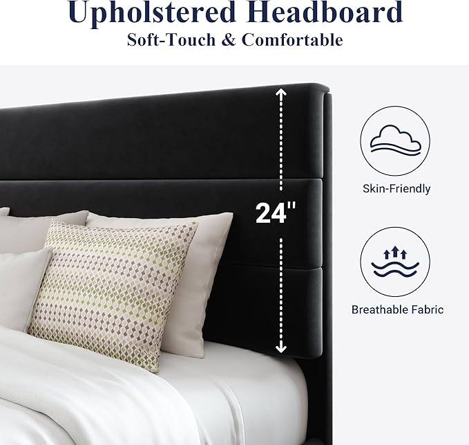 Allewie Queen Size Platform Bed Frame with Velvet Upholstered Headboard and Wooden Slats Support, Fully Upholstered Mattress Foundation/No Box Spring Needed/Easy Assembly, Black