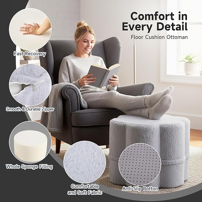 Tiita Floral Pouf Ottoman, Foot Stools Ottoman with Foam Chunk Filling, Puff Foot Rest for Couch, Living Room, Kids Room, Grey