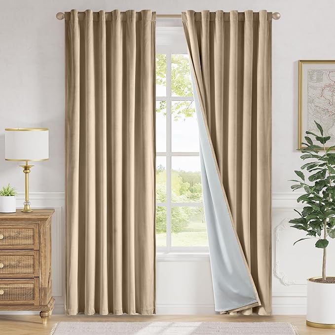 Lazzzy Cream Velvet Blackout Curtains 90 Inches Long Thermal Insulated Room Darkening Curtain Drapes Luxury Back Tab Window Treatments for Bedroom Living Room 2 Panels, 52 x 90 Inch, Latte