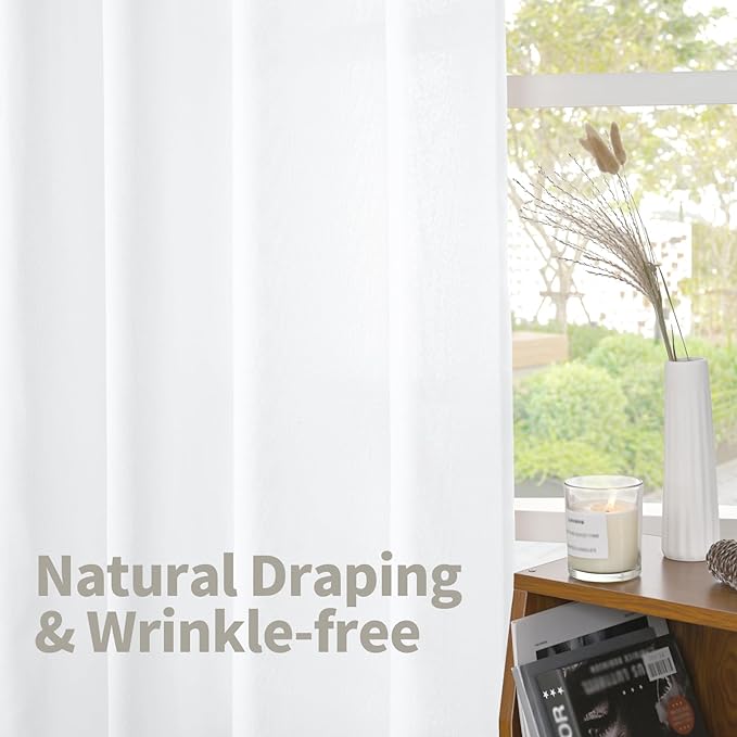 YoungsTex White Linen Curtains 63 inch Length for Short Windows, Light Filtering Textured Semi Sheer Drapes with Bronze Grommet for Bedroom Living Room Privacy, 2 Panels, 52 X 63 Inch