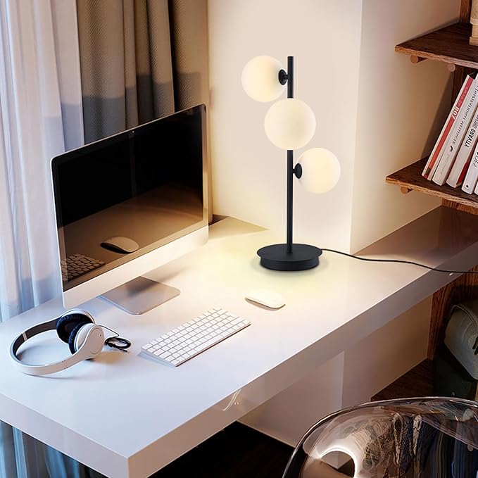 Mid Century Modern Table Lamp, Black Nightstand Lamp, White Glass Globe Desk Lamp, 3 Lights Contemporary Bedside Lamp for Bedroom Living Room Study Room