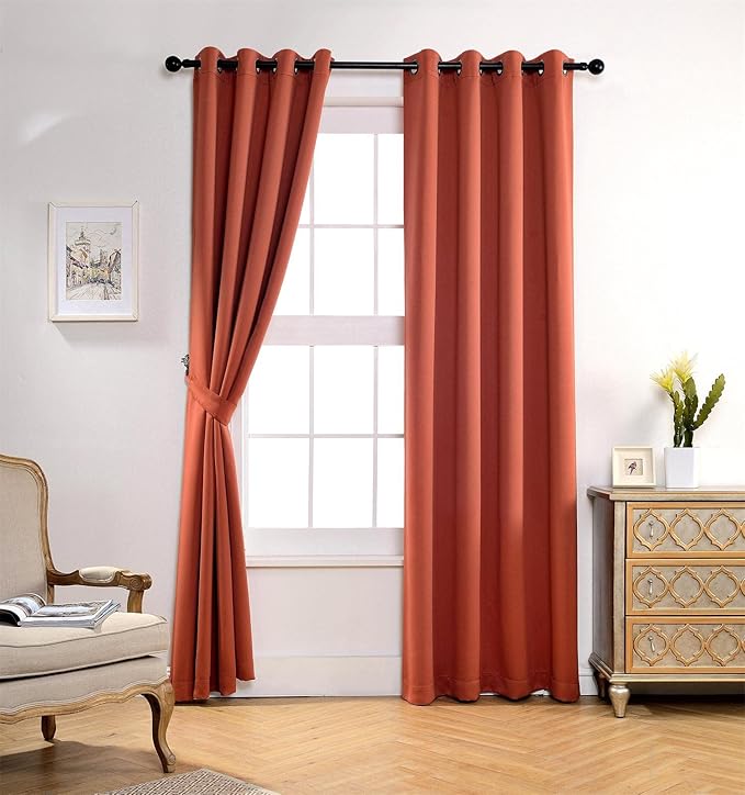 MIUCO Room Darkening Thermal Insulated Grommet Window Blackout Curtains Panels for Livingroom 1 Pair 52x84 Inch Rust, Bonus 2 Tie Backs Included