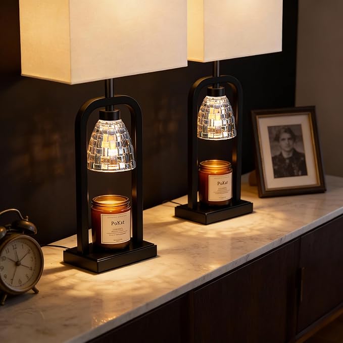 PoKat Table Lamps with Candle Warmer for Bedroom, Farmhouse Bedside Lamps Set of 2 for Night Stands, 21.5'' Bedroom Lamps Decor for Living Room, Bathroom, Dinning, Bulbs Included, Matte Black
