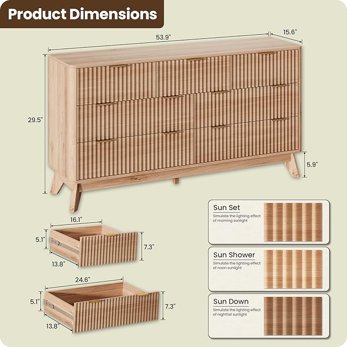 54'' Wide 7 Drawers Dresser for Bedroom,Modern Fluted Vertical Chest with Rounded Corners,Fluted Dresser for Living Room,Hallway, Natural Wood