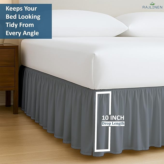 Rajlinen Ruffled Bed Skirt Twin XL, 10 Inch Drop Dust Ruffle with Split Corners, 100% Microfiber Bedskirt with Platform, Three-Sided Coverage Ruffled Gathering Design, Dark Grey