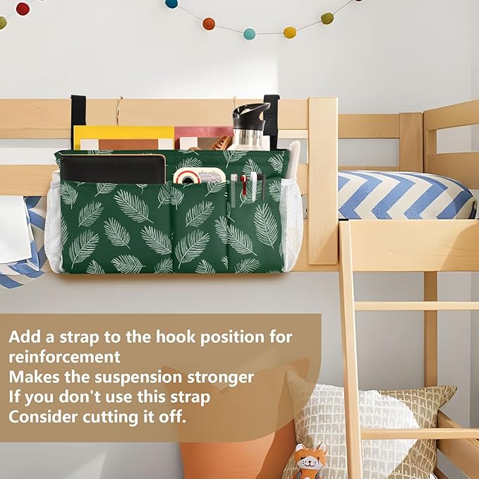 Bedside Caddy Hanging Bunk Bed Caddy Bed Organizer Hanging Pocket with 2 Hooks Bedside Storage Organizer Pocket Bag Holder Green Simple Palm Leaf