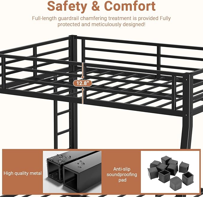 Full XL Over Queen Bunk Bed Frame, Heavy Duty Metal Loft Bed for Adults/Teens, 400/600LB Capacity w/Ladder & Guardrail, Noise-Free Steel Slats, No Box Spring Required, Black