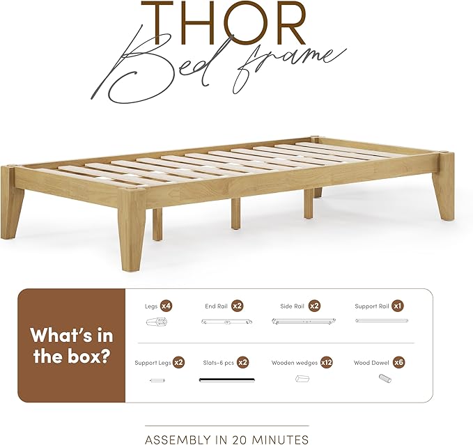 Thor Premium Solid Wood Bed Frame Twin XL, Platform Bed, Japanese Joinery Bed Frame, Wood Slat Support, No Box Spring Needed, Easy Assembly, Minimalist & Modern Style (Light Oak)
